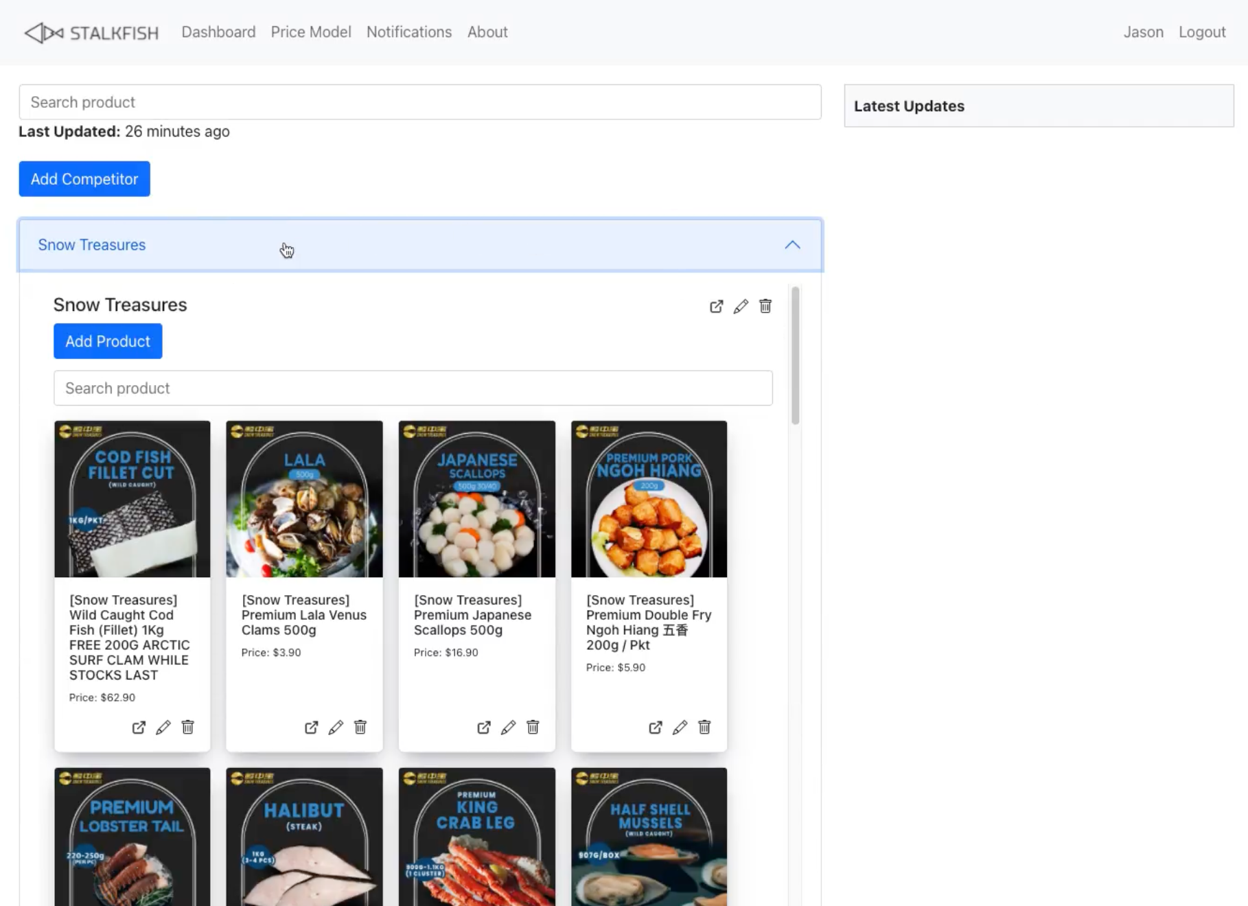 StalkFish dashboard showing competitor product monitoring for e-commerce pricing.